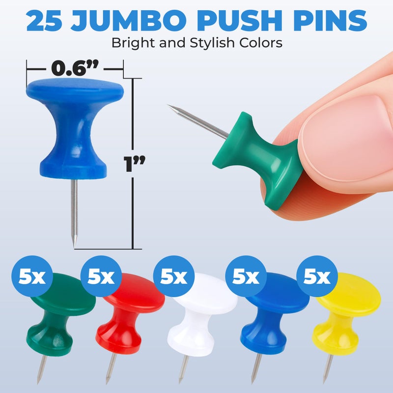 CraftyCrocodile 25 Giant Push Pins - Green, White, Yellow, Blue, Red Jumbo Tacks with Plastic Heads & Steel Points for Cork Board and Thick Papers - Image 4